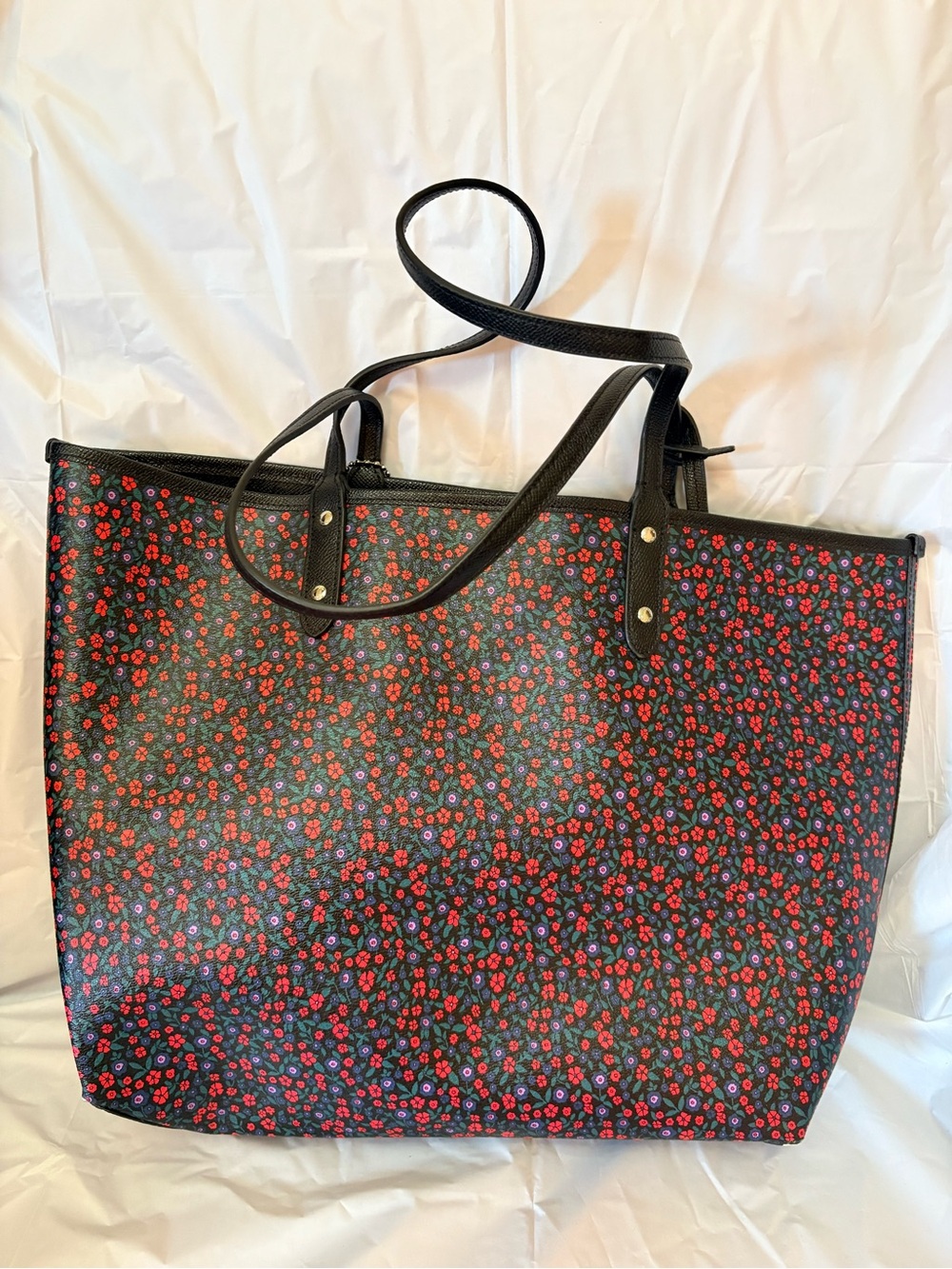 COACH Reversible Black and Red Floral Tote Bag with Black Pouch - Picture 2 of 10